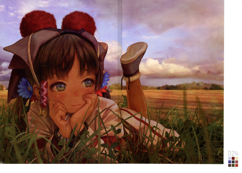 1girl absurdres black_hair blue_flower blush boots brown_hair closed_mouth cloud color_guide feet_up field flower grass green_eyes hair_flower hair_ornament hands_on_own_face head_rest highres long_hair lying murata_range non-web_source on_stomach original outdoors pantyhose pom_pom_(clothes) scan shirt shoe_soles sky solo