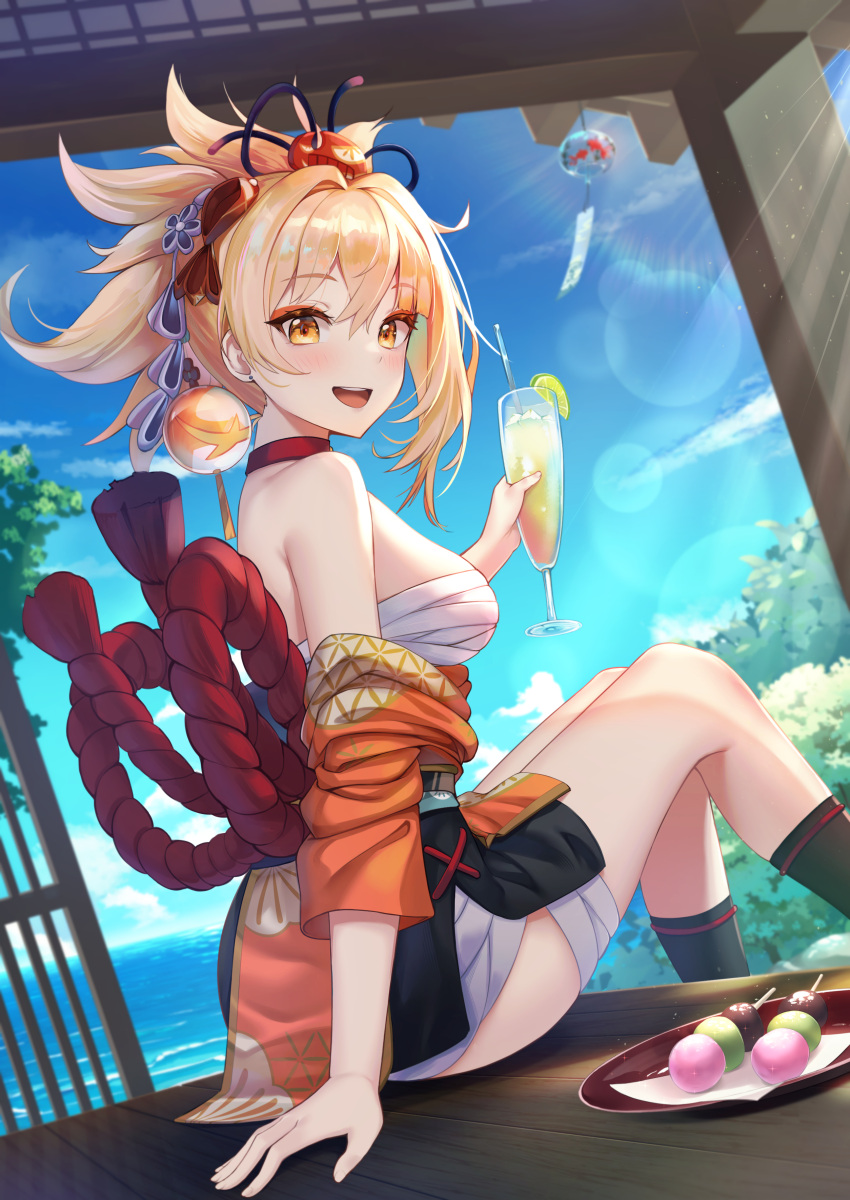 1girl :d absurdres bandaged_leg bandages bare_shoulders bird_feet_(artist) blonde_hair blue_sky breasts chest_sarashi choker cloud commentary_request cup dango day drinking_glass eyeshadow feet_out_of_frame food genshin_impact hair_intakes highres holding holding_cup long_hair looking_at_viewer makeup medium_breasts off_shoulder open_mouth plate ponytail red_choker sanshoku_dango sarashi sitting sky smile solo thighs wagashi wind_chime yellow_eyes yoimiya_(genshin_impact)