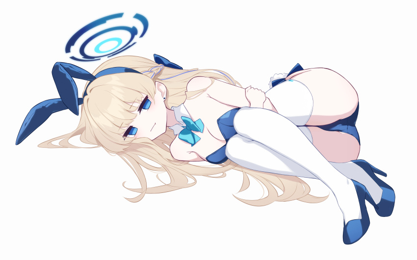1girl absurdres animal_ears ass blonde_hair blue_archive blue_bow blue_bowtie blue_eyes blue_footwear blue_hair blue_halo blue_leotard bow bowtie braid breasts cleavage closed_mouth colored_inner_hair detached_collar diieru fake_animal_ears full_body halo high_heels highres leotard long_hair looking_at_viewer medium_breasts multicolored_hair official_alternate_costume rabbit_ears simple_background solo strapless strapless_leotard thighhighs toki_(blue_archive) toki_(bunny)_(blue_archive) white_background white_thighhighs