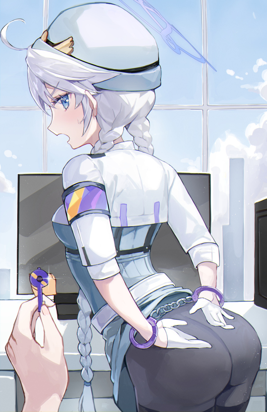 1girl 1other absurdres ahoge ass black_pantyhose blue_archive blue_eyes blue_halo blush braid cuffs gloves grey_hair halo hat highres indoors key kirino_(blue_archive) long_hair monitor nez_(nez_0_0) open_mouth pantyhose shackles shirt solo_focus twin_braids very_long_hair white_gloves white_headwear white_shirt