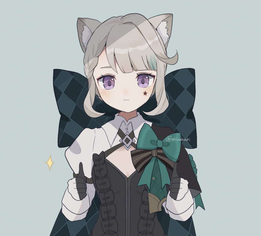 1girl :| animal_ear_fluff animal_ears argyle_bow black_dress black_gloves blush bow breasts cat_ears cat_girl cleavage_cutout closed_mouth clothing_cutout commentary double_thumbs_up dress expressionless facial_mark genshin_impact gloves green_bow grey_hair hair_bow half_gloves highres looking_at_viewer lynette_(genshin_impact) minahoshi37 purple_eyes short_hair small_breasts solo star_(symbol) star_facial_mark straight-on symbol-only_commentary thumbs_up upper_body white_shrug