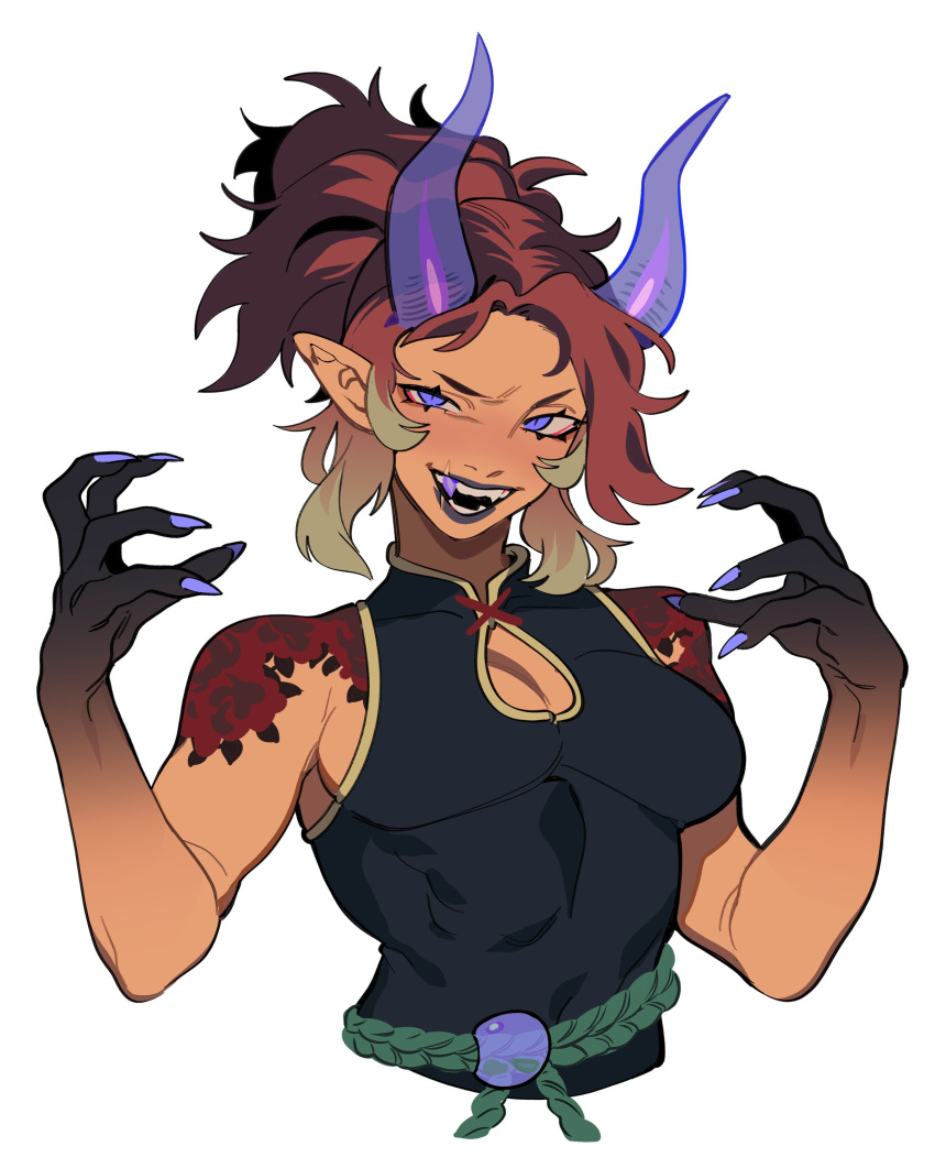 1girl absurdres bare_arms black_hands black_lips blush breasts colored_extremities demon_horns fangs green_hair green_rope hair_up high_collar highres horns looking_at_viewer multicolored_hair open_mouth original pointy_ears porqueloin purple_eyes purple_nails red_hair rope rope_belt scar scar_on_face scar_on_mouth sharp_teeth shirt shoulder_tattoo simple_background sleeveless sleeveless_shirt slit_pupils small_breasts solo tattoo teeth translucent_horns upper_body white_background