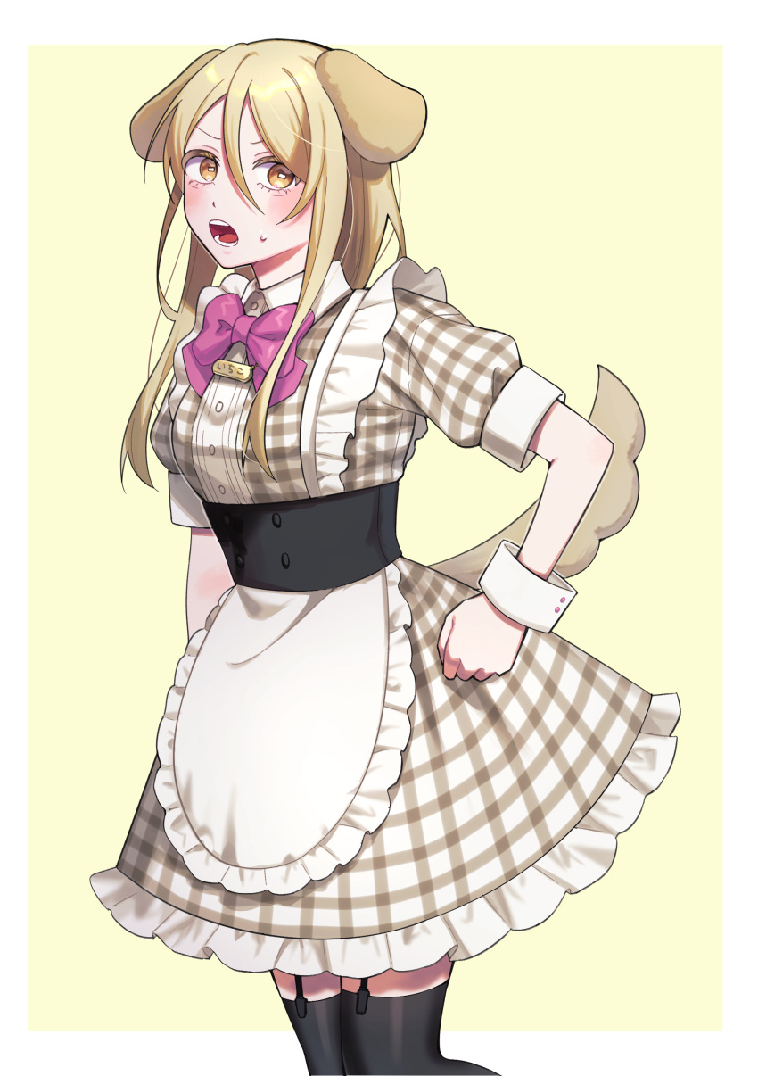 1girl absurdres alternate_costume animal_ears apron black_thighhighs blonde_hair blush border bow bowtie corset dog_ears dog_tail dress frilled_apron frills garter_straps glaring hair_between_eyes hand_on_own_hip highres ichiko_(this_communication) long_hair looking_at_viewer name_tag nishi_no_chigo open_mouth orange_eyes outside_border pink_bow pink_bowtie plaid plaid_dress puffy_short_sleeves puffy_sleeves short_sleeves simple_background solo sweat tail thighhighs this_communication underbust v-shaped_eyebrows waitress white_apron white_border wrist_cuffs yellow_background