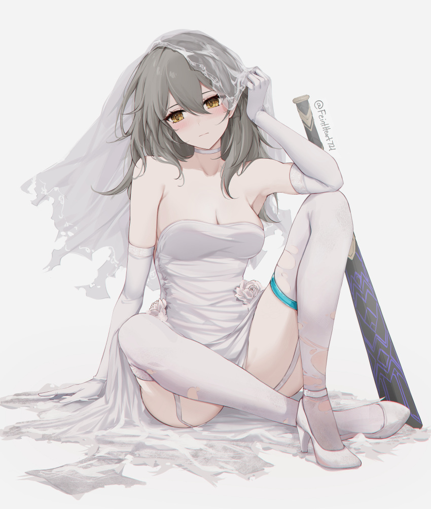 1girl absurdres arm_up armpits ass bare_shoulders baseball_bat blush breasts bridal_veil choker cleavage closed_mouth convenient_leg dress elbow_gloves feint721 garter_straps gloves grey_hair high_heels highres honkai:_star_rail honkai_(series) knee_up long_hair long_sleeves looking_to_the_side medium_breasts medium_hair simple_background sitting solo stelle_(honkai:_star_rail) strapless strapless_dress thighhighs thighs torn_clothes torn_thighhighs trailblazer_(honkai:_star_rail) veil wedding_dress white_background white_choker white_dress white_footwear white_gloves white_thighhighs yellow_eyes