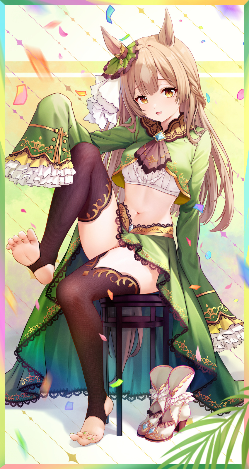 1girl absurdres animal_ears black_thighhighs brown_hair commentary_request dress ear_ornament ear_ribbon feet full_body green_dress green_skirt highres horse_ears horse_girl kazamatsuri_honatsu long_hair multicolored_hair nail_polish narrow_waist navel satono_diamond_(umamusume) shoes sitting skirt sleeves_past_fingers sleeves_past_wrists soles stirrup_legwear streaked_hair thighhighs toeless_legwear toenail_polish toenails toes umamusume unworn_shoes white_footwear yellow_eyes