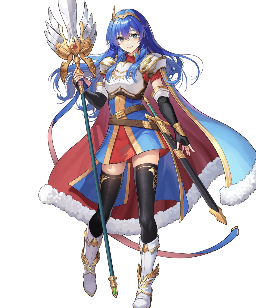 1girl armor black_gloves black_thighhighs blue_cape blue_eyes blue_hair breastplate caeda_(fire_emblem) caeda_(marth's_faithful)_(fire_emblem) cape elbow_gloves fingerless_gloves fire_emblem fire_emblem:_mystery_of_the_emblem fire_emblem_heroes fur-trimmed_cape fur_trim gloves highres holding holding_polearm holding_weapon long_hair looking_at_viewer multicolored_cape multicolored_clothes non-web_source official_alternate_costume official_art polearm red_cape sheath smile solo sword tachi-e thighhighs tiara weapon white_footwear wing_hair_ornament