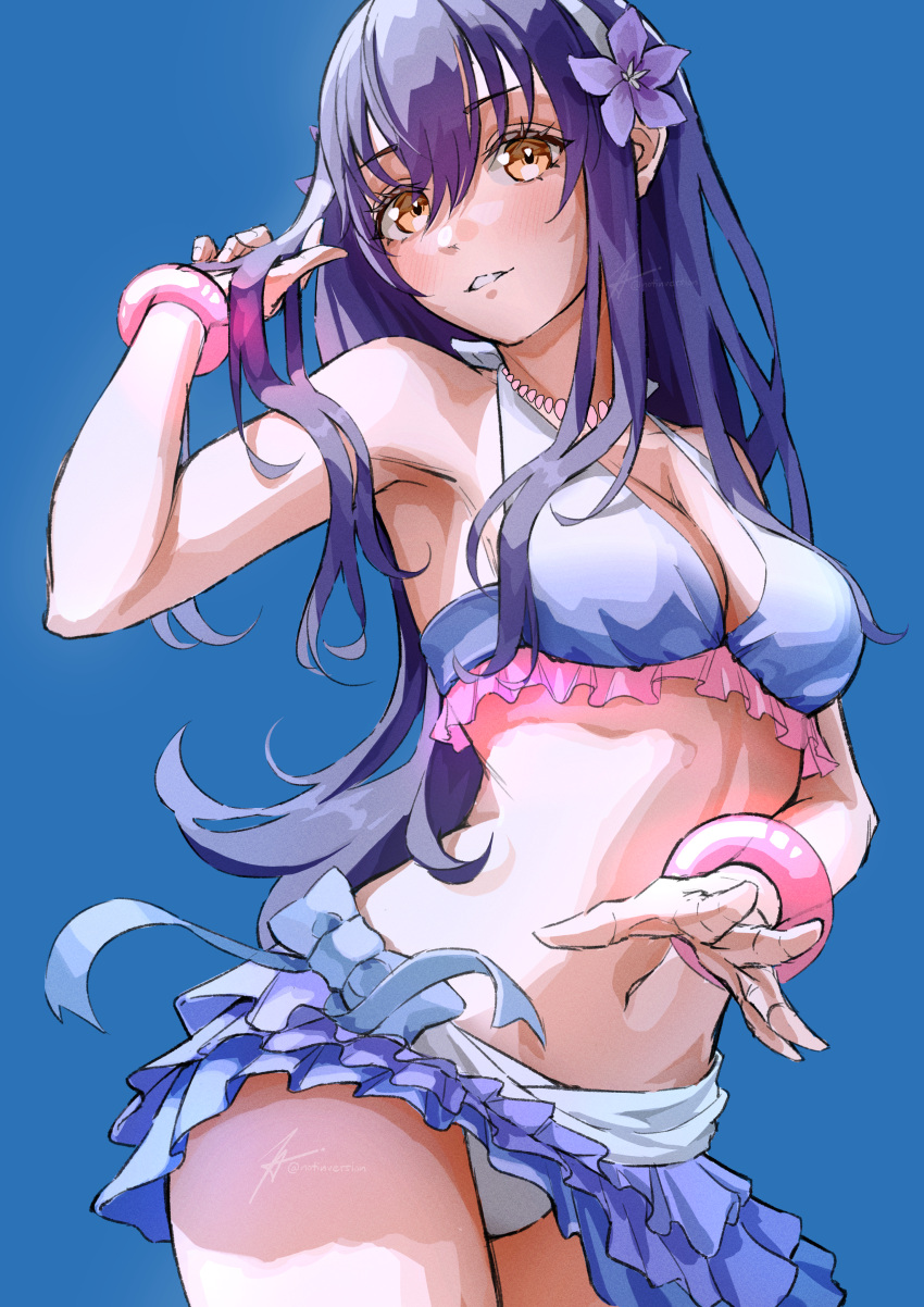1girl absurdres bikini birthday blue_background blue_hair breasts cleavage flower hair_flower hair_ornament highres jewelry light_smile long_hair looking_at_viewer love_live! love_live!_school_idol_project natsuiro_egao_de_1_2_jump! necklace notinversion signature small_breasts sonoda_umi swimsuit twitter_username upper_body yellow_eyes