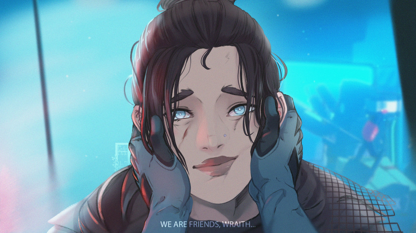 1girl apex_legends black_hair blue_eyes blue_gloves bright_pupils cuts english_commentary english_text female_pov gloves hair_behind_ear hair_bun highres ifragmentix injury looking_at_viewer nose_piercing parted_bangs piercing portrait pov single_hair_bun smile solo_focus subtitled wattson_(apex_legends) white_pupils wraith_(apex_legends)