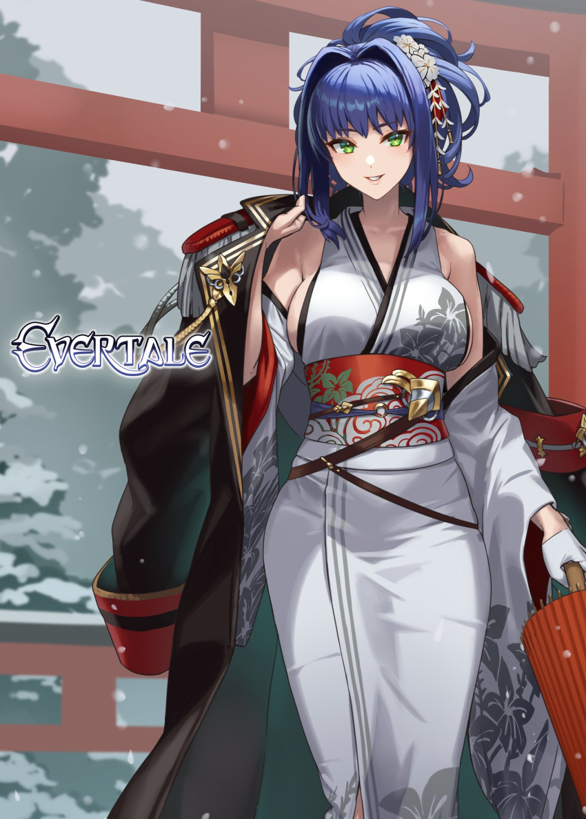 1girl bare_shoulders blue_hair breasts coat commentary_request copyright_name cuboon day epaulettes evertale floral_print gloves green_eyes hair_ornament highres holding japanese_clothes kimono large_breasts lips logo long_hair looking_at_viewer ludmilla_(evertale) obi official_art oil-paper_umbrella outdoors parted_lips sash sleeveless smile snow snowing torii umbrella white_gloves wide_sleeves