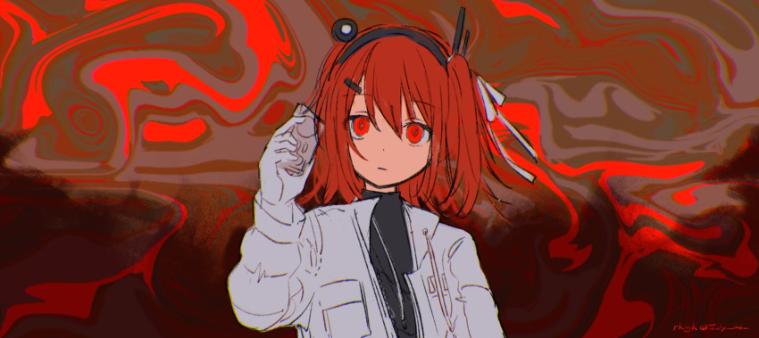 1girl a.i._voice abstract_background adachi_rei black_hairband black_sweater cassette_player hair_ribbon hairband headlamp highres holding july_sp looking_at_viewer medium_hair netsu_ijou_(utau) one_side_up orange_eyes orange_hair orange_theme parted_lips radio_antenna ribbon solo sweater upper_body utau white_ribbon