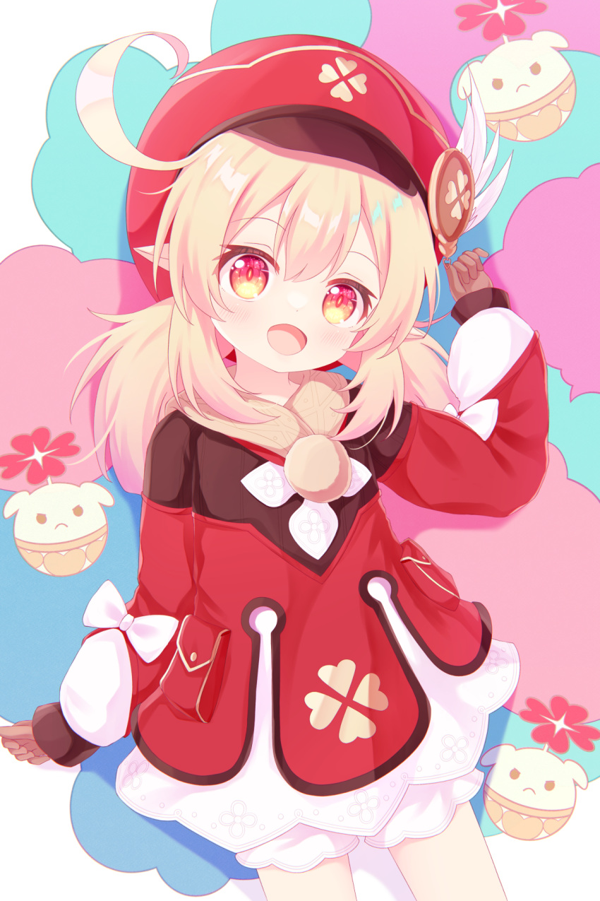 :d blonde_hair bloomers brown_gloves cabbie_hat charm_(object) clover_print dress genshin_impact gloves hat hat_feather highres jumpy_dumpty klee_(genshin_impact) long_sleeves low_twintails open_mouth pointy_ears red_dress red_eyes red_headwear smile twintails yottacc