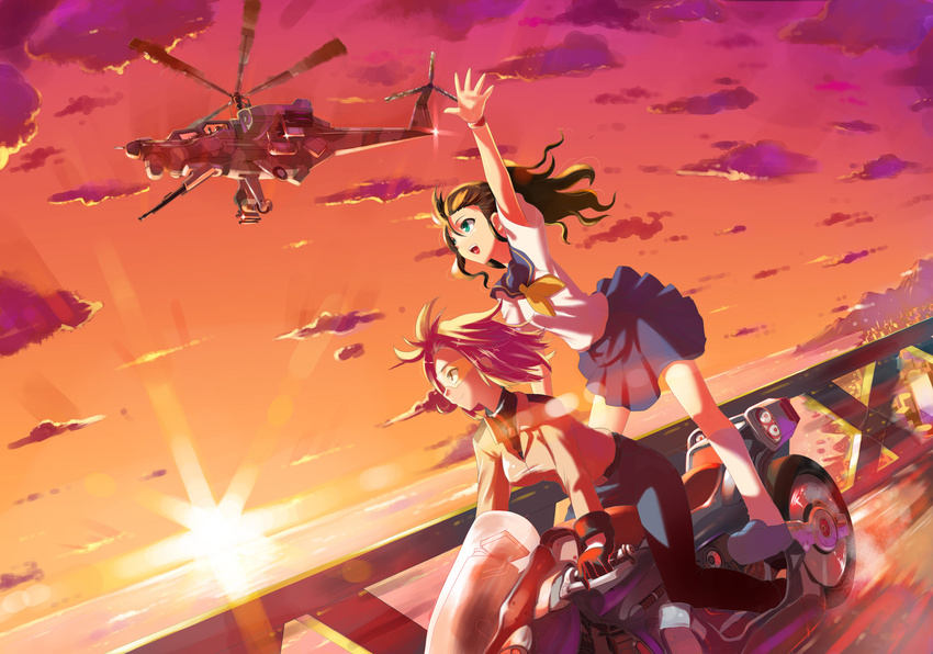 aircraft arm_up brown_hair cloud green_eyes ground_vehicle gun helicopter highres long_hair mi-28 motor_vehicle motorcycle multiple_girls multiple_riders ocean original rinz school_uniform serafuku standing sun twilight water weapon