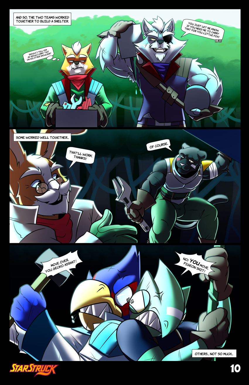 absurd_res anthro avian beak biped canid canine canis comic dialogue duo english_text eyebrows eyewear falco_lombardi felid fox fox_mccloud fur glasses hare hi_res lagomorph leon_powalski leporid male mammal nintendo panther_caroso pantherine peppy_hare plant randoramble scalie sharp_teeth speech_bubble star_fox tail teeth text thought_bubble tools tree wolf wolf_o'donnell