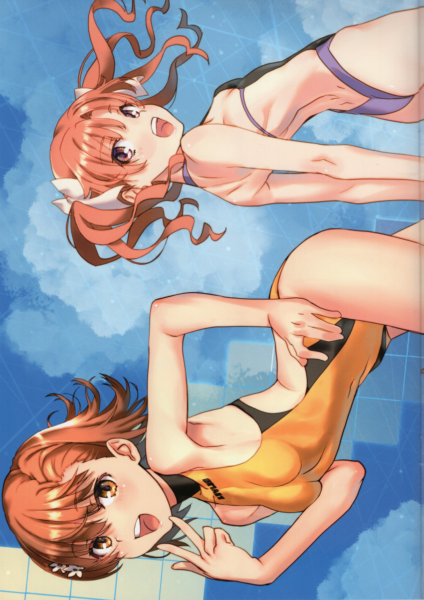 2girls :d absurdres armpits ass backless_swimsuit bare_arms bare_shoulders black_one-piece_swimsuit blue_background blue_sky blush bow breasts brown_eyes brown_hair casual_one-piece_swimsuit cloud competition_swimsuit covered_navel cowboy_shot crease exif_rotation flower hair_bow hair_flower hair_ornament hand_on_own_hip highleg highleg_swimsuit highres leaning_forward long_hair looking_at_viewer looking_back medium_hair misaka_mikoto multicolored_clothes multicolored_swimsuit multiple_girls non-web_source one-piece_swimsuit open_mouth purple_one-piece_swimsuit raika9 scan shirai_kuroko short_hair sky small_breasts smile standing swimsuit teeth toaru_kagaku_no_railgun toaru_majutsu_no_index twintails two-tone_swimsuit upper_teeth_only v