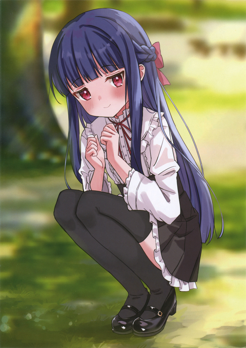 1girl absurdres black_footwear black_skirt black_thighhighs blue_hair blunt_bangs blurry blurry_background blush bow braid closed_mouth dark_blue_hair day depth_of_field dot_nose eluthel frilled_skirt frills full_body hair_bow highres idolmaster idolmaster_cinderella_girls long_hair long_sleeves looking_at_viewer mary_janes neck_ribbon non-web_source outdoors pleated_skirt red_eyes red_ribbon ribbon sajo_yukimi scan shirt shoes sidelocks skirt smile solo squatting thighhighs white_shirt