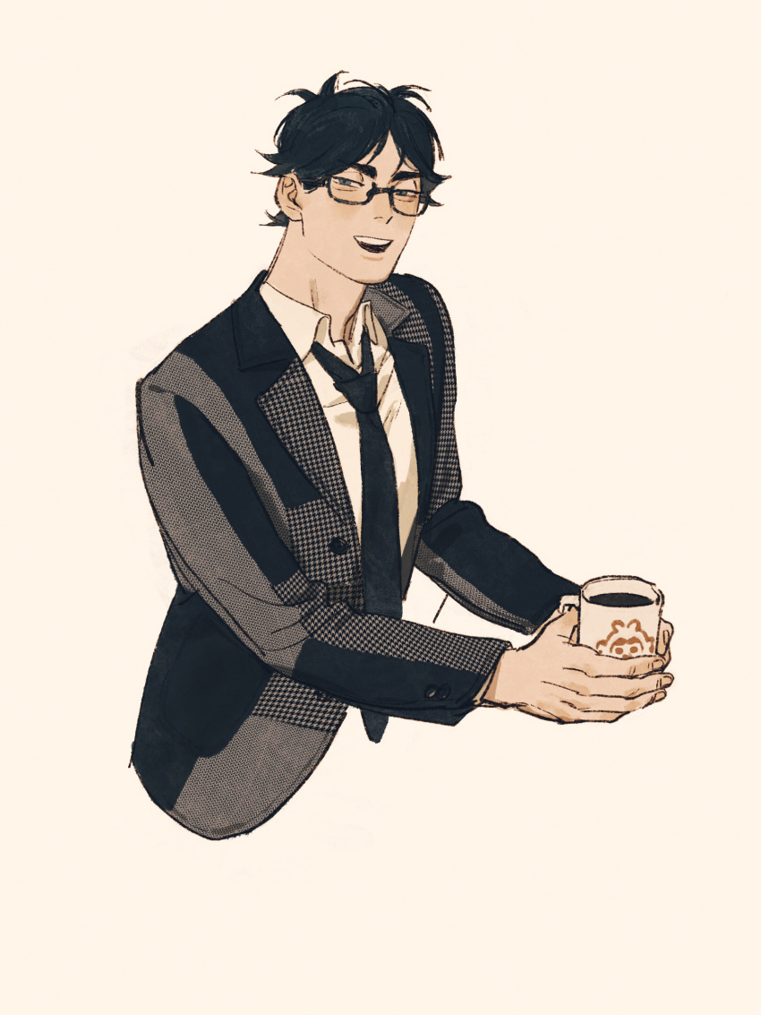 1boy akaashi_keiji black_hair black_jacket black_necktie blue_eyes chengongzi123 collared_jacket collared_shirt cropped_torso cup drink glasses haikyuu!! hands_up highres holding holding_cup holding_drink jacket long_sleeves looking_at_viewer male_focus mug necktie open_mouth shirt short_hair simple_background very_short_hair white_shirt yellow_background