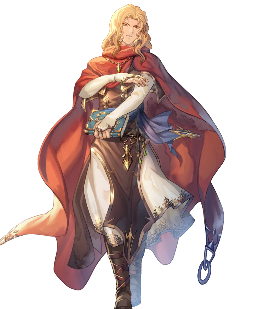 1boy arlen_(fire_emblem) blonde_hair book brown_footwear cape fire_emblem fire_emblem:_mystery_of_the_emblem fire_emblem_heroes highres holding holding_book hood hooded_cape looking_at_viewer medium_hair non-web_source official_art red_cape solo tachi-e v-shaped_eyebrows wavy_hair