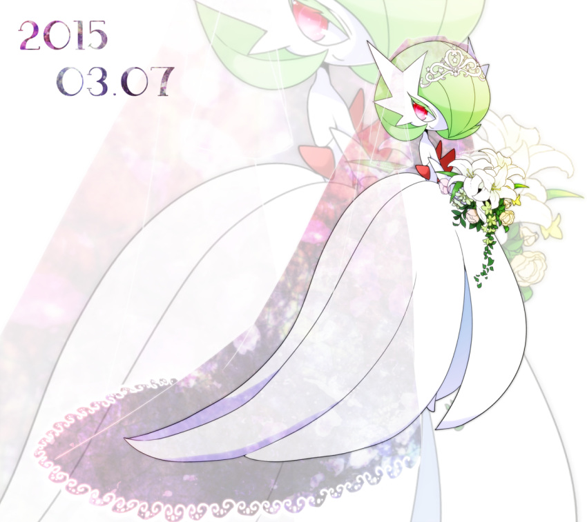 bob_cut bouquet bridal_veil dress flower gardevoir green_hair hair_over_one_eye holding holding_bouquet looking_back mega_gardevoir pink_eyes pokemon pokemon_(creature) simple_background smile tiara veil white_dress zakro