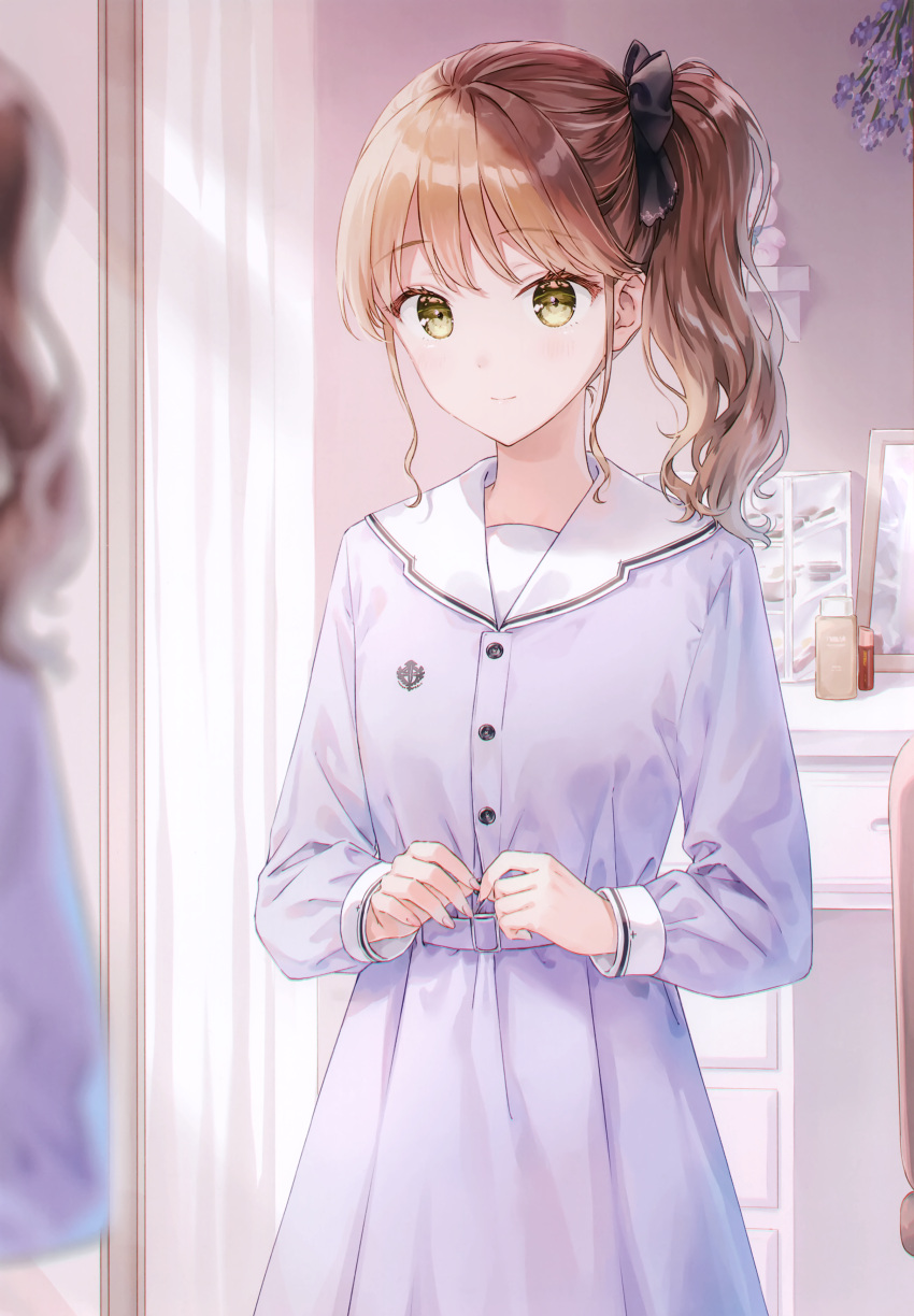 1girl absurdres black_bow blush bow brown_hair closed_mouth cosmetics dress green_eyes hair_bow highres hiten_(hitenkei) indoors long_hair long_sleeves looking_at_mirror looking_at_viewer mirror nail_polish non-web_source original purple_dress reflection ribbon sailor_collar sailor_dress scan shelf side_ponytail smile solo standing stuffed_animal stuffed_rabbit stuffed_toy white_sailor_collar yellow_eyes