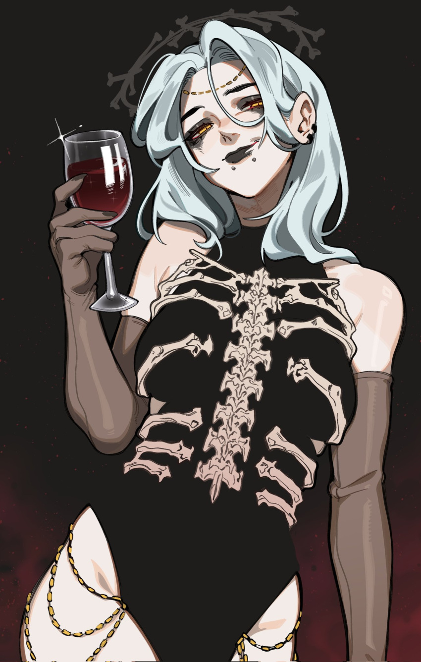 1girl alcohol bare_shoulders black_background black_dress black_eyeshadow black_leotard black_lips brown_gloves chain cowboy_shot cup dress drinking_glass earrings elbow_gloves evelynn_(eldritchfather) eyeshadow gloves gold_chain grey_hair hand_up happy_anniversary highleg highleg_leotard highres holding holding_cup jewelry leotard long_hair looking_at_viewer looking_down makeup orange_eyes original porqueloin red_background red_wine skull smile snake_bite solo wine wine_glass yellow_eyes