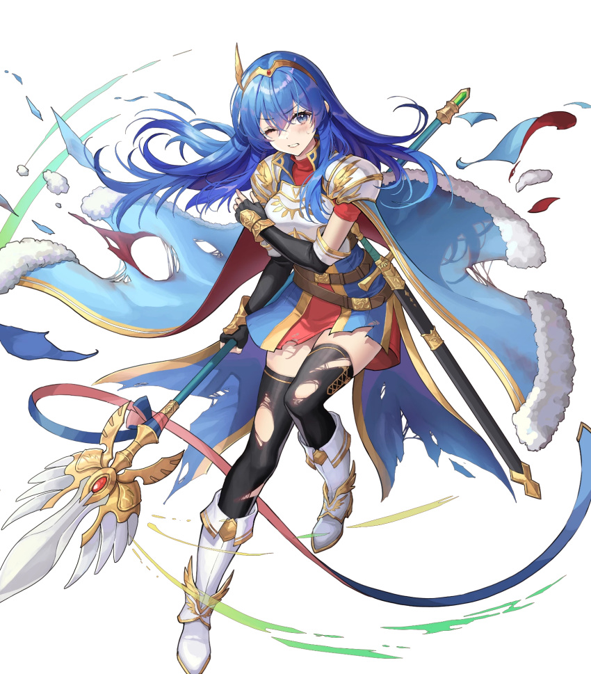 1girl armor black_gloves black_thighhighs blue_cape blue_eyes blue_hair breastplate caeda_(fire_emblem) caeda_(marth's_faithful)_(fire_emblem) cape damaged elbow_gloves fingerless_gloves fire_emblem fire_emblem:_mystery_of_the_emblem fire_emblem_heroes fur-trimmed_cape fur_trim gloves highres holding holding_polearm holding_weapon long_hair multicolored_cape multicolored_clothes non-web_source official_alternate_costume official_art one_eye_closed polearm red_cape sheath solo sword thighhighs tiara torn_cape torn_clothes torn_thighhighs weapon white_footwear wing_hair_ornament