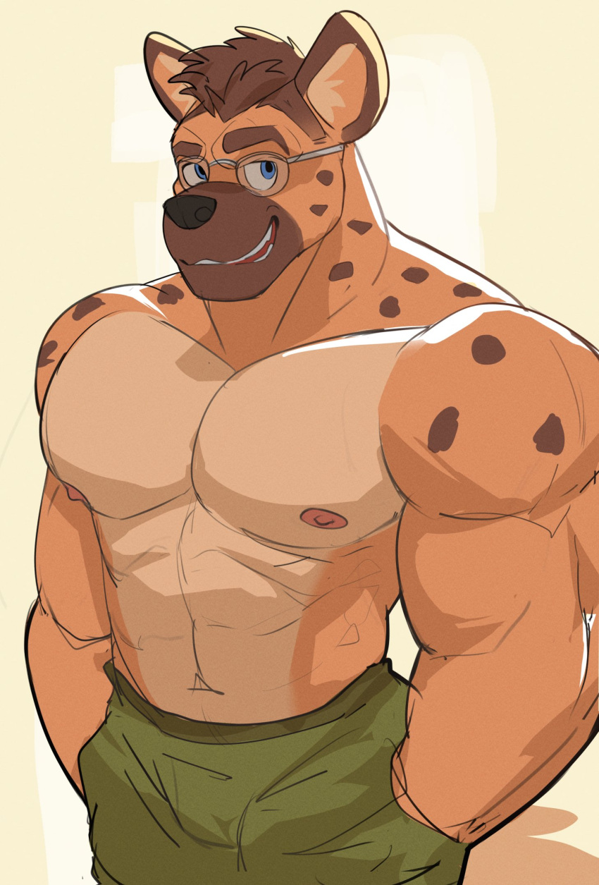 2024 abs anthro athletic biceps black_nose blue_eyes bottomwear brown_body brown_fur brown_hair clothed clothing eyebrows eyewear fur glasses hair head_tuft hi_res hyena light lighting looking_aside male mammal markings muscular muscular_anthro muscular_male nipples pants pecs serratus shugggie shuggie_the_hyena simple_background smile solo spots spotted_body spotted_fur tan_body tan_fur teeth topless tuft