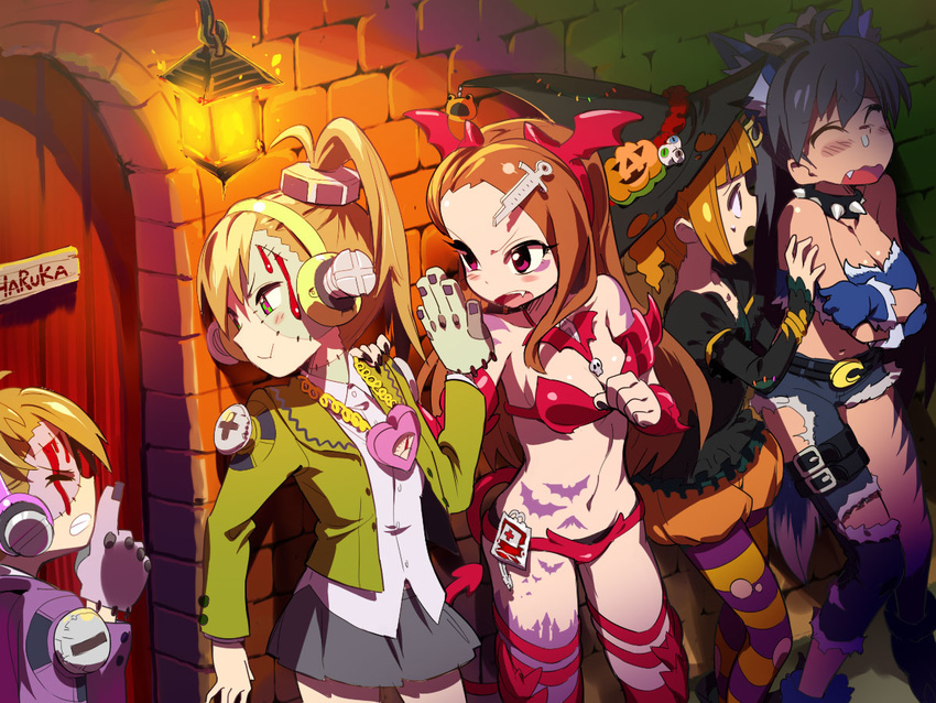 andou_shuuki animal_ears antenna_hair bare_shoulders belt black_hair blush breasts brown_hair choker cleavage closed_eyes costume crossed_arms food_themed_hair_ornament futami_ami futami_mami ganaha_hibiki hair_ornament hairband halloween hand_on_shoulder hat idolmaster idolmaster_(classic) jack-o'-lantern jewelry long_hair medium_breasts minase_iori multicolored multicolored_eyes multiple_girls navel necklace nightmare_blood open_mouth pantyhose profile pumpkin pumpkin_hair_ornament purple_legwear red_eyes red_legwear short_hair siblings side_ponytail skirt stitches striped striped_legwear tail takatsuki_yayoi torn_clothes twins witch_hat yellow_legwear