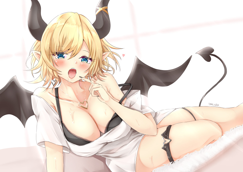1girl absurdres aqua_eyes bare_shoulders blonde_hair blush bra breasts cleavage collarbone demon_girl demon_horns demon_tail demon_wings ebiko_yaki heart heart_necklace highres hololive horns jewelry large_breasts looking_at_viewer necklace oversized_clothes pointy_ears short_hair short_sleeves solo tail tail_around_own_leg thigh_strap thighs tongue tongue_out underwear virtual_youtuber window wings yuzuki_choco