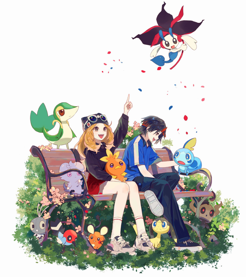 1boy 1girl alternate_costume arm_up beanie bench black_hair black_headwear calem_(pokemon) commentary_request dedenne espurr fletchling floette floette_(eternal) grey_footwear hat helioptile highres index_finger_raised long_hair on_lap pants phantump pointing pokemon pokemon_(creature) pokemon_on_lap pokemon_xy scatterbug serena_(pokemon) shoes sitting sneakers snivy sobble socks sunglasses torchic tyou08665851 white_socks