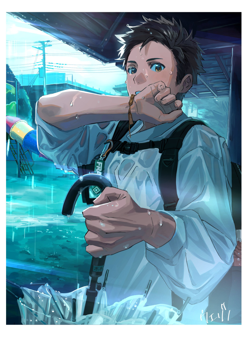 1boy absurdres bag black_hair blue_sky bracelet brown_eyes clenched_hands closed_umbrella hair_slicked_back highres holding holding_umbrella idolmaster idolmaster_side-m jewelry kimura_ryu looking_at_viewer male_focus open_mouth rain shirt short_hair shoulder_bag sky t-shirt transparent transparent_umbrella uezono_(mms) umbrella upper_body water_drop wet wet_clothes wet_shirt white_shirt