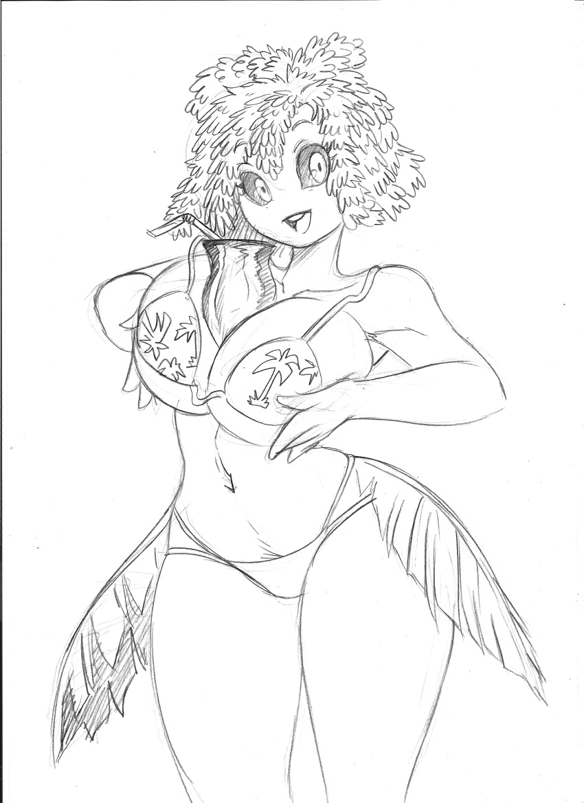 2024 anthro beverage_between_breasts big_breasts bikini black_and_white breast_squish breasts chochi clothing curvy_figure dark_sclera elemental_creature female flora_fauna graphite_(artwork) hand_on_breast hi_res holding_breast hourglass_figure in_cleavage monochrome pencil_(artwork) plant plant_hair presenting presenting_breasts pseudo_hair sketch smile solo squish swimwear traditional_media_(artwork) wide_hips