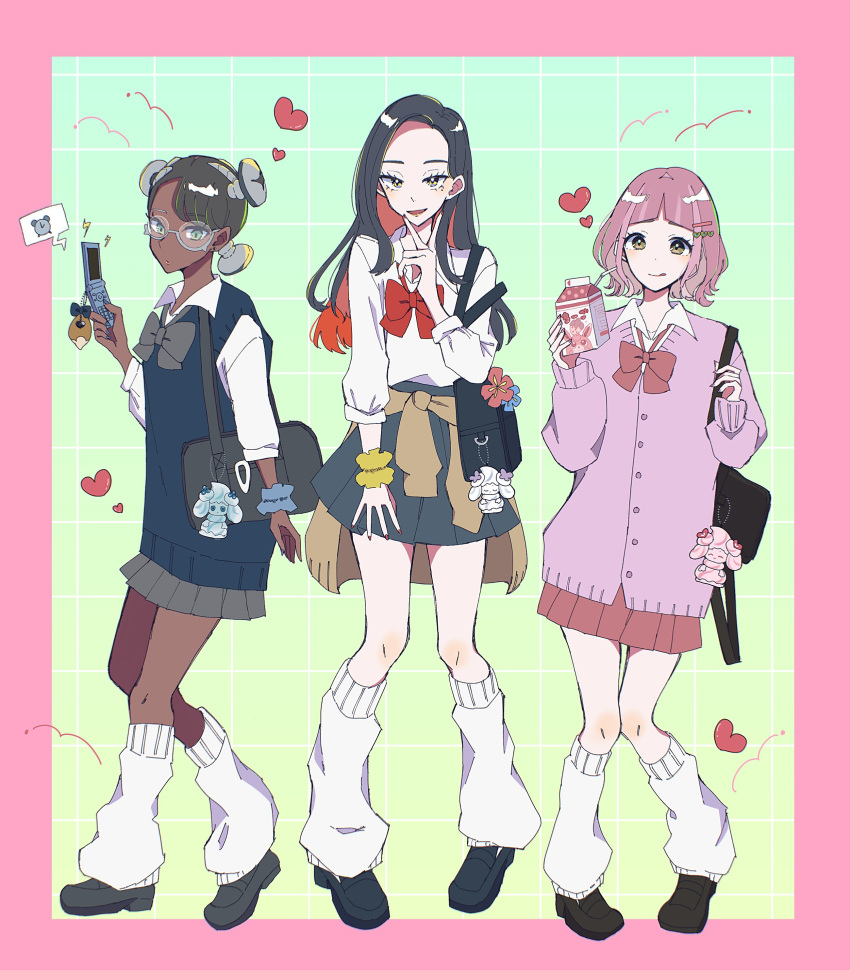 3girls :q absurdres alarm_clock alcremie alternate_hairstyle amarys_(pokemon) arched_bangs black_bag black_footwear black_hair blue_skirt border bow bowtie brown_eyes carmine_(pokemon) clock colored_inner_hair commentary_request dark-skinned_female dark_skin enekonoshippo27 eyelashes full_body glasses gradient_background green_background green_bow green_bowtie green_eyes grey-framed_eyewear grey_skirt hair_ornament hairclip heart highres holding holding_carton holding_phone knees_together_feet_apart lacey_(pokemon) leg_warmers lightning_bolt_symbol looking_at_viewer milk_carton multicolored_hair multiple_girls outside_border phone pink_border pleated_skirt pokemon pokemon_sv red_hair red_skirt short_hair simple_background skirt standing tongue tongue_out two-tone_hair v wigglytuff