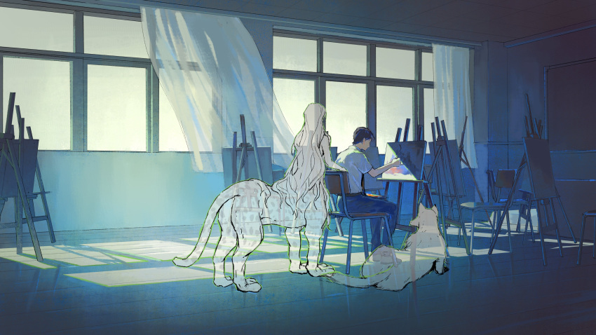 1boy 1girl absurdres animal black_hair blue_pants canvas_(object) centauroid chair chalkboard classroom curtains day easel facing_another from_behind from_side gohran_(juuni_kokuki) grey_footwear haku_sanshi hashtag_only_commentary highres indoors juuni_kokuki leopard_girl long_hair lying mukau61 nude painting_(action) painting_(object) palette_(object) pants reflective_floor school_chair school_uniform shirt shoes short_hair short_sleeves sitting solo standing taiki_(juuni_kokuki) taur transparent very_long_hair white_shirt wind window window_shade wooden_floor