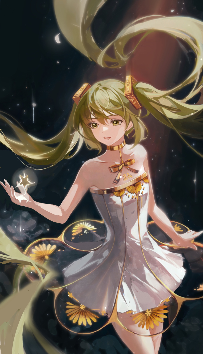 1girl absurdres bare_arms bare_shoulders chest_tattoo collarbone dark_background dress facing_viewer flat_chest floating_hair gold_collar gold_trim gramophone_miku green_eyes green_hair hair_between_eyes hatsune_miku highres long_hair looking_to_the_side miku_symphony_(vocaloid) mio4moon number_tattoo parted_lips see-through see-through_skirt short_dress sidelocks skirt sleeveless sleeveless_dress smile solo standing star_(symbol) strapless strapless_dress tattoo twintails very_long_hair vocaloid white_dress