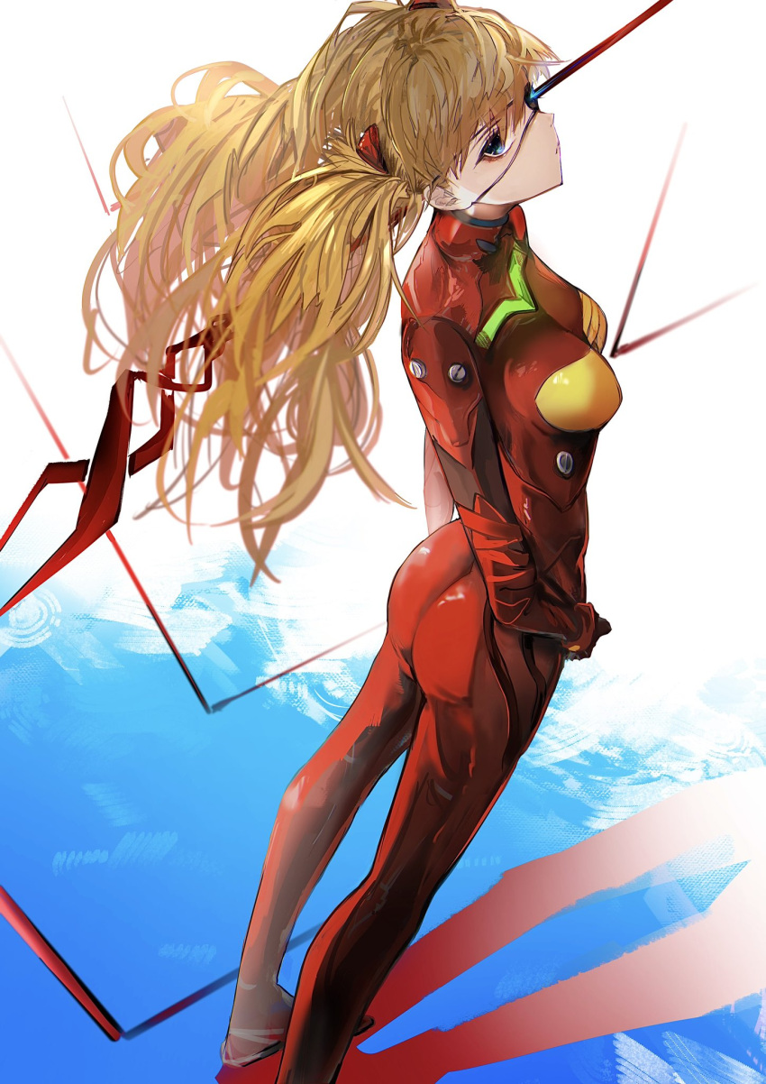 1girl ass blonde_hair blue_background blue_eyes bodysuit breasts brown_hair closed_mouth commentary evangelion:_3.0_you_can_(not)_redo expressionless eyepatch feet_out_of_frame floating_hair from_above from_behind from_side full_body gradient_background hair_between_eyes hair_intakes hair_ornament hamaguri-san_(hamagur69200744) highres holding holding_polearm holding_weapon lance_of_longinus_(evangelion) long_hair looking_at_viewer looking_up medium_breasts messy_hair neon_genesis_evangelion parted_bangs plugsuit polearm rebuild_of_evangelion red_bodysuit red_hair reflection sidelocks solo souryuu_asuka_langley standing taut_clothes twintails weapon white_background