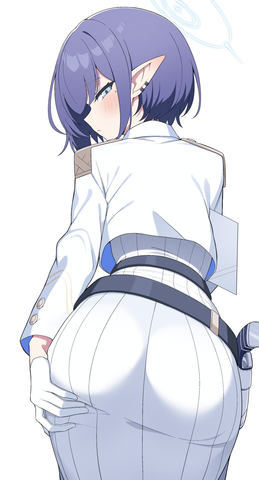 1girl absurdres aoi_(blue_archive) ass blue_archive blue_eyes blue_hair blue_halo blush closed_mouth from_behind gloves halo highres hiroikara_(smhong04) long_sleeves looking_at_viewer looking_back mole mole_under_eye pointy_ears shirt short_hair simple_background skirt solo white_background white_gloves white_shirt white_skirt