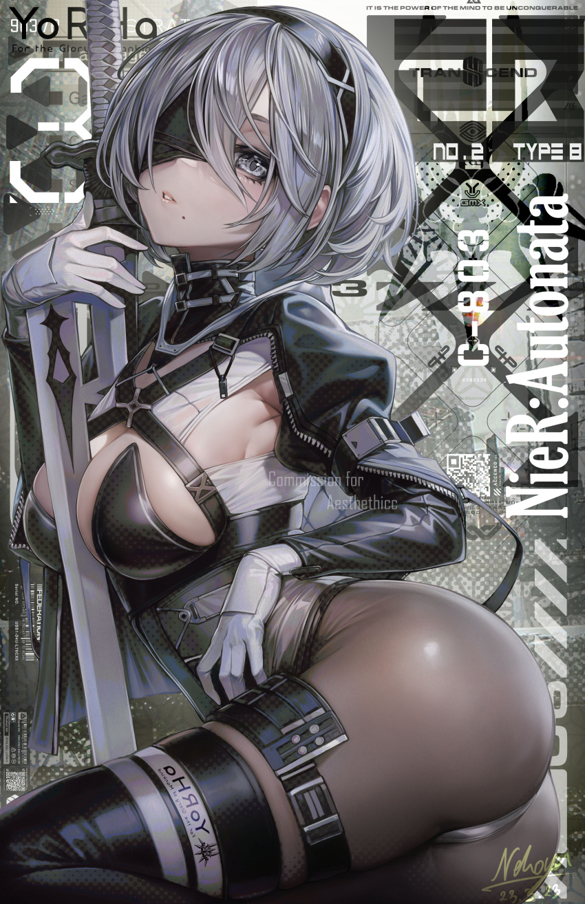 1girl 2b_(nier:automata) absurdres barcode between_breasts black_leotard black_shrug black_thighhighs breasts commission copyright_name criss-cross_halter dated eyepatch gloves grey_eyes grey_hair hair_between_eyes halterneck highres holding holding_sword holding_weapon katana large_breasts leotard mole mole_under_mouth multicolored_leotard nekodayo22 nier:automata nier_(series) pantyhose parted_lips short_hair shrug_(clothing) signature solo sword thighhighs weapon white_gloves white_leotard zipper