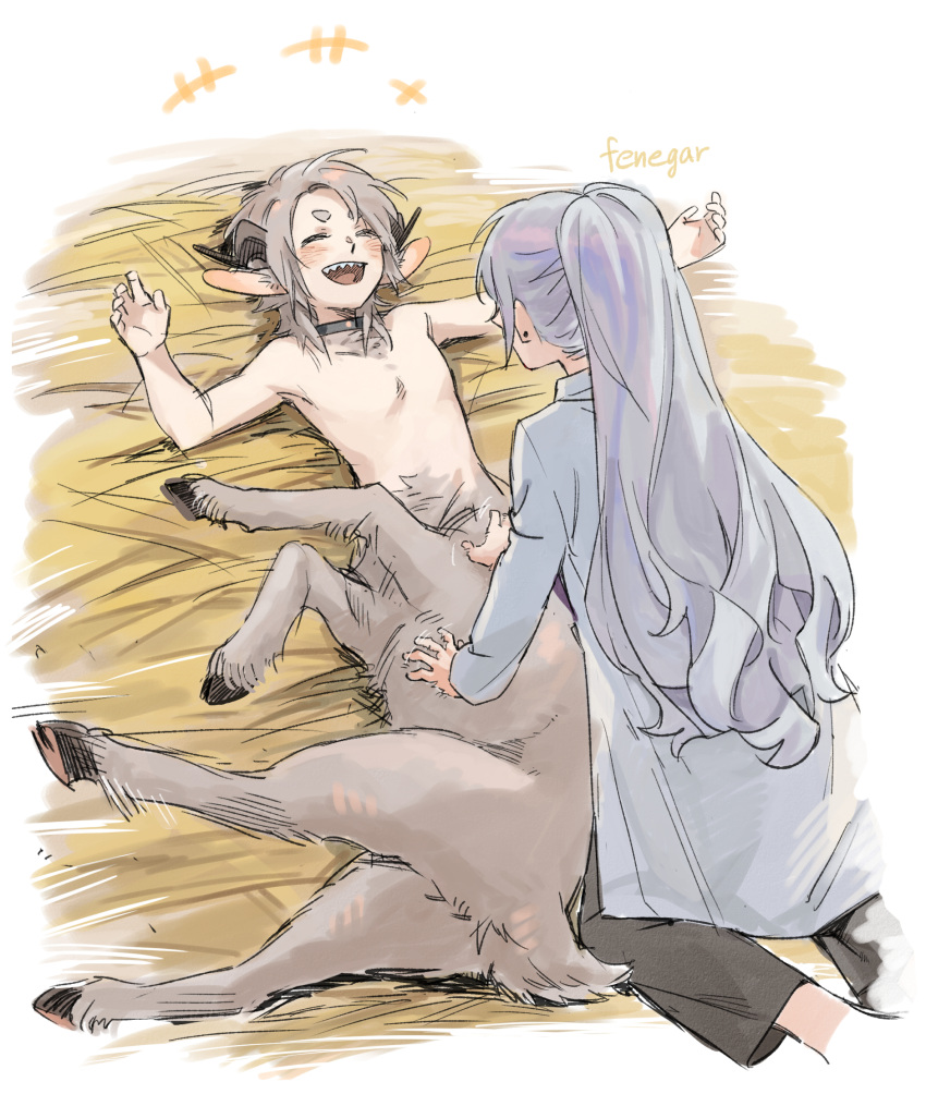 +++ 2girls androgynous animal_ears black_collar black_pants brown_background centauroid closed_eyes collar commentary_request facing_another feneculiu full_body goat_ears goat_girl goat_horns goat_tail grey_fur grey_hair hay highres hooves horns kneeling laughing long_hair low_horns lying medium_hair monster_girl multiple_girls on_back on_side open_mouth original pants ponytail purple_hair sharp_teeth short_eyebrows taur teeth tickling