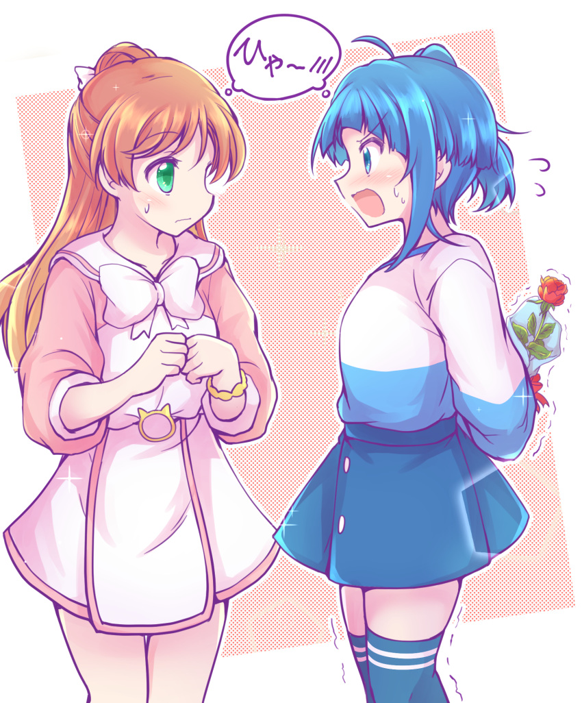 2girls blue_eyes blue_hair blue_shirt blue_skirt blue_thighhighs blush bow bowtie closed_mouth collared_dress commentary dress flower flying_sweatdrops from_side frown green_eyes hair_bun hair_ribbon highres hirogaru_sky!_precure holding holding_behind_back holding_flower long_hair long_sleeves looking_at_another medium_hair miniskirt multiple_girls muusu nijigaoka_mashiro open_mouth pink_dress pink_hair precure ribbon shirt short_dress side_ponytail single_hair_bun skirt sora_harewataru standing sweatdrop thighhighs translated trembling two-tone_dress two-tone_shirt white_bow white_bowtie white_dress white_ribbon white_shirt yuri