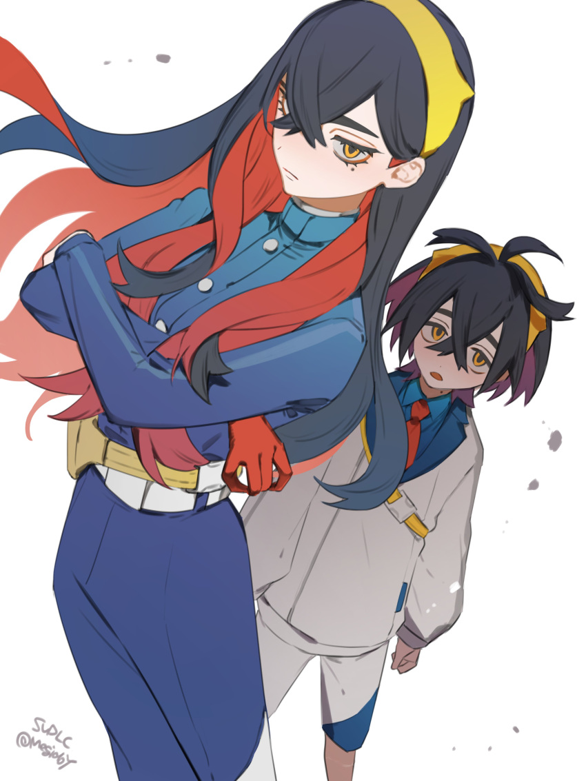 1boy 1girl absurdres black_hair blueberry_academy_school_uniform brother_and_sister carmine_(pokemon) closed_mouth collared_shirt crossed_arms crossed_bangs gloves hair_between_eyes hairband highres jacket kieran_(pokemon) long_hair long_sleeves looking_at_viewer mole mole_on_neck mole_under_eye multicolored_hair necktie open_mouth orange_eyes pokemon pokemon_sv red_gloves red_hair red_necktie school_uniform shirt shorts siblings simple_background single_glove twitter_username white_background white_jacket ya_mamo_to