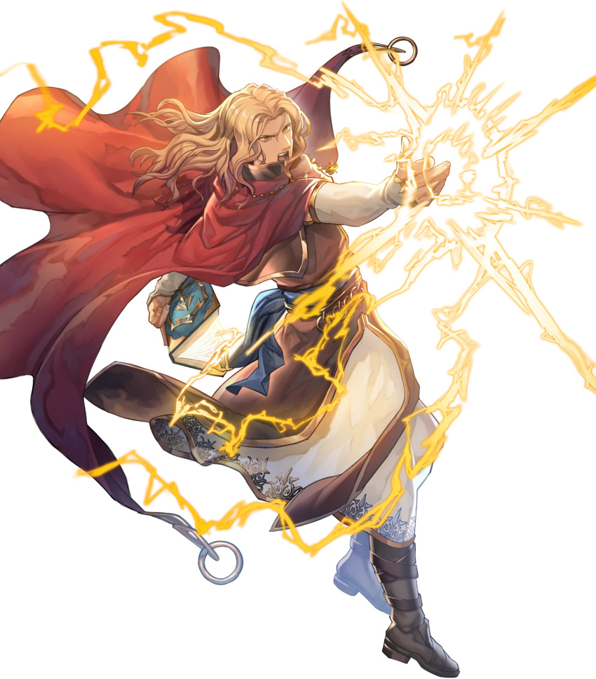 1boy arlen_(fire_emblem) attack blonde_hair book brown_footwear cape fire_emblem fire_emblem:_mystery_of_the_emblem fire_emblem_heroes highres holding holding_book hood hooded_cape light medium_hair non-web_source official_art open_mouth red_cape solo v-shaped_eyebrows wavy_hair