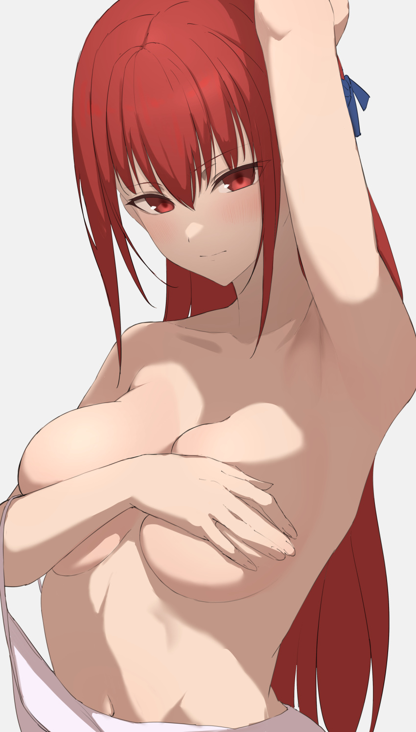 1girl absurdres arm_up armpits blue_ribbon blush breasts commission covering_breasts covering_privates hair_ribbon highres kaekae_kaeru large_breasts long_hair looking_at_viewer navel noa_grandstar red_eyes red_hair ribbon simple_background skeb_commission solo undressing very_long_hair waga_himegimi_ni_eikan_wo white_background