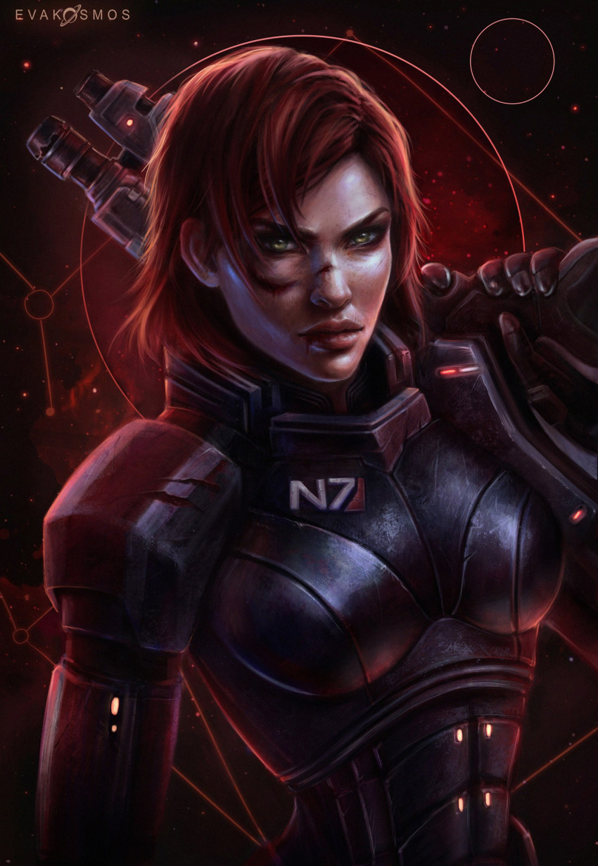 1girl armor artist_name black_gloves blood blood_on_face commander_shepard commander_shepard_(female) cuts eva_kosmos gloves green_eyes gun highres holding holding_gun holding_weapon injury mass_effect_(series) medium_hair n7_armor power_armor red_hair solo space star_(sky) upper_body weapon