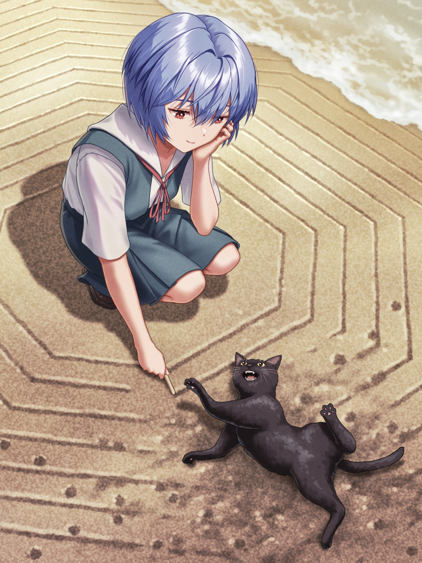 1girl at_field ayanami_rei beach black_cat blue_hair blue_skirt breasts brown_footwear cat closed_mouth collared_shirt commentary day drawing_(action) dress_shirt elbow_on_knee elbow_rest from_above full_body hair_between_eyes head_rest highres holding holding_stick light_smile loafers looking_at_animal looking_down lying neck_ribbon neon_genesis_evangelion octagon on_back outdoors paw_print playing red_eyes red_ribbon ribbon rolling sand school_uniform shadow shirt shoes short_hair short_sleeves skirt small_breasts smile solo squatting stick suspender_skirt suspenders tokyo-3_middle_school_uniform water white_shirt yahha