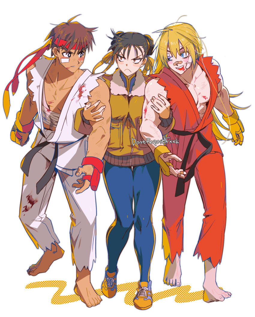 1girl 2boys arguing athanjccgg bandaid bandaid_on_face bandaid_on_nose barefoot beard black_hair blonde_hair breasts chun-li eyelashes facial_hair forked_eyebrows friends frown full_beard headband highres huge_eyebrows ken_masters light_blush locked_arms medium_hair midriff_sarashi multiple_boys pants pectoral_cleavage pectorals ryu_(street_fighter) sarashi smile standing street_fighter toned toned_male white_background