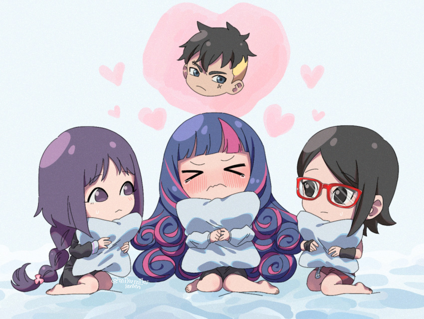 &gt;_&lt; 1boy 3girls ada_(naruto) ariamikukanzaki black_eyes black_hair blonde_hair blue_hair blunt_bangs boruto:_naruto_next_generations braid chibi commentary cross_scar curly_hair frown glasses heart holding holding_pillow kakei_sumire kawaki_(boruto) long_hair medium_hair multicolored_hair multiple_girls naruto_(series) pillow pink_hair purple_eyes purple_hair red-framed_eyewear scar scar_on_cheek scar_on_face sitting streaked_hair sweatdrop tears twitter_username two-tone_hair uchiha_sarada undercut wariza wavy_mouth