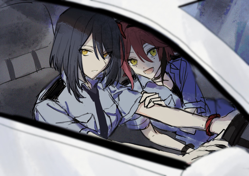 1boy 1girl aimieria alternate_costume black_choker black_necktie blue_shirt car choker collared_shirt driving genshin_impact green_eyes hair_between_eyes highres kujou_sara looking_at_viewer mole mole_under_eye motor_vehicle multicolored_hair necktie open_mouth orange_eyes police police_uniform policeman policewoman red_hair shikanoin_heizou shirt short_hair short_sleeves steering_wheel streaked_hair uniform upper_body