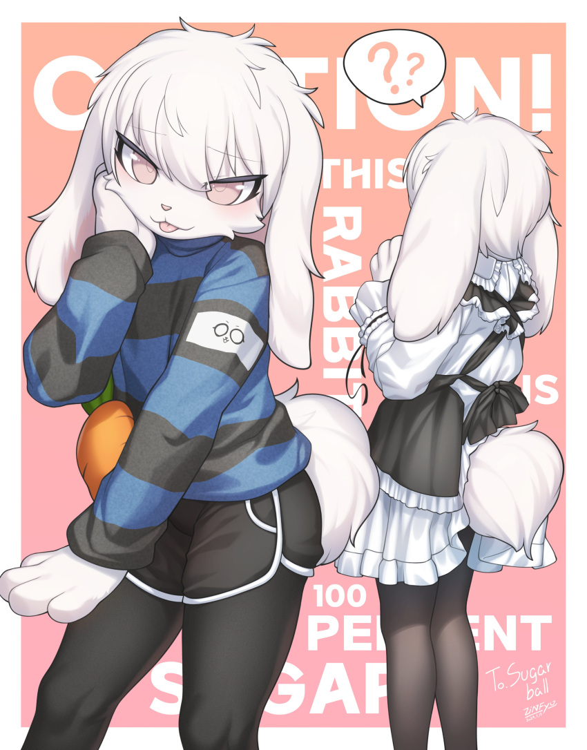 2024 4_fingers absurd_res ambiguous_gender anthro blep border bottomwear clothed clothing english_text fingers front_view fully_clothed fur hi_res lagomorph leporid long_ears looking_at_viewer maid_uniform mammal pants rabbit rear_view simple_background solo standing sweater tail text tongue tongue_out topwear uniform white_body white_fur zinfyu