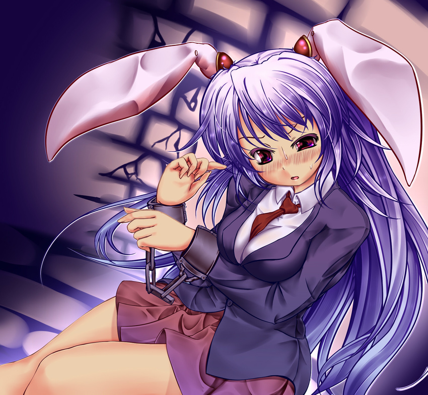 animal_ears blazer bunny_ears cuffs handcuffs highres jacket long_hair monikano necktie purple_hair red_eyes red_neckwear reisen_udongein_inaba solo touhou