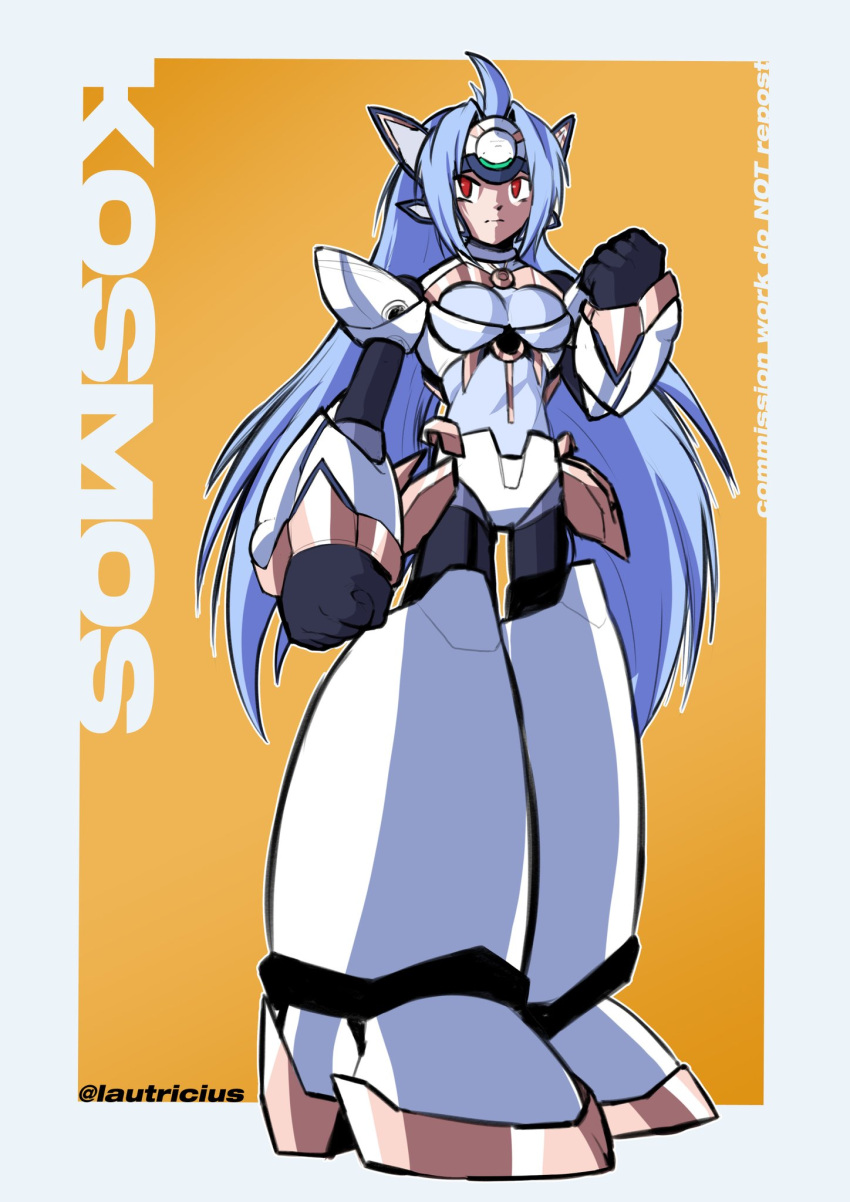 1girl armor blue_hair breasts character_name clenched_hand commission crossover headgear highres kos-mos lautricius long_hair mega_man_(series) mega_man_x_(series) red_eyes robot_girl shoulder_armor small_breasts solo twitter_username white_armor xenosaga yellow_background